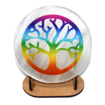 Selenite Coaster With Tree Of Life Rainbow