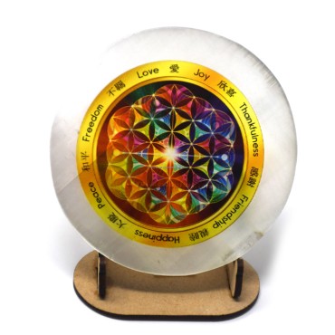 Selenite Coaster With Flower Of Life Rainbow